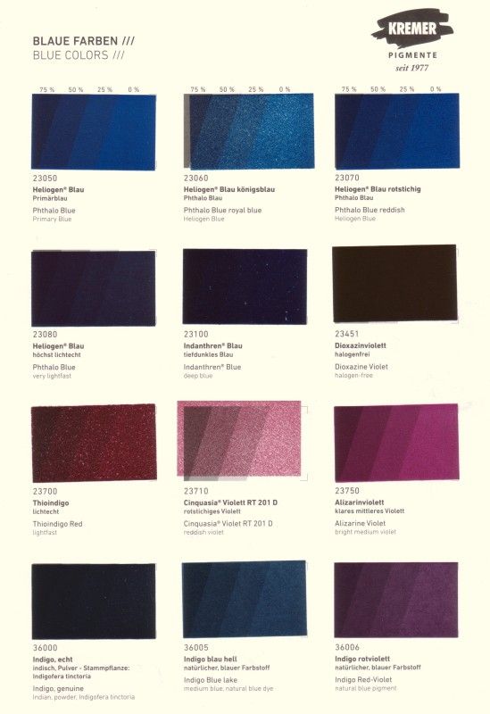 Kremer Color Chart - Blue & Violet Colors