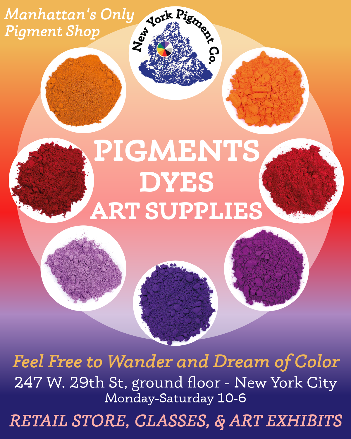 Advertisement for New York Pigment Co. featuring various colored pigments and dyes on a gradient background.