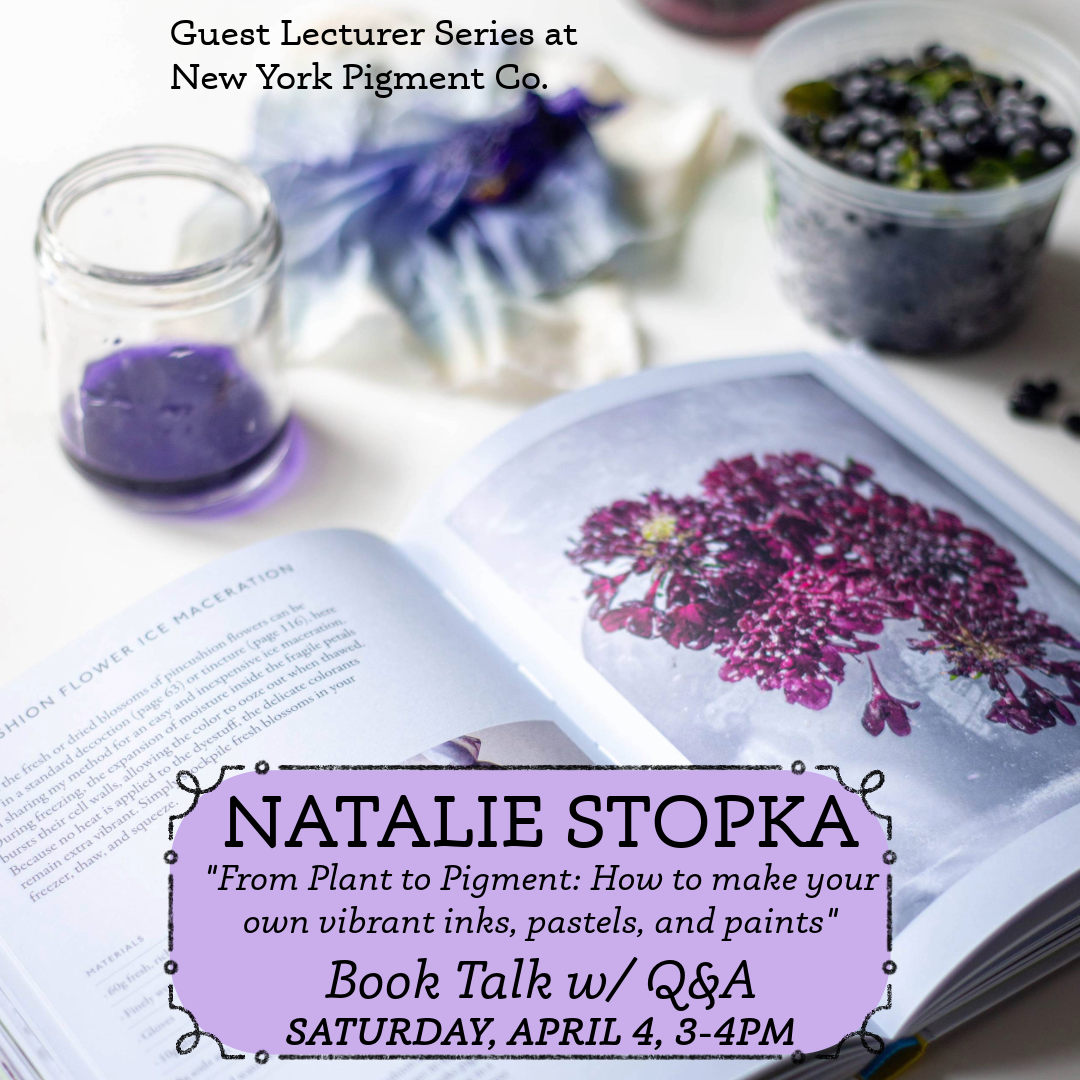 Open book with purple flower illustration, jars of pigments, and promotional text for Natalie Stopka's book talk.