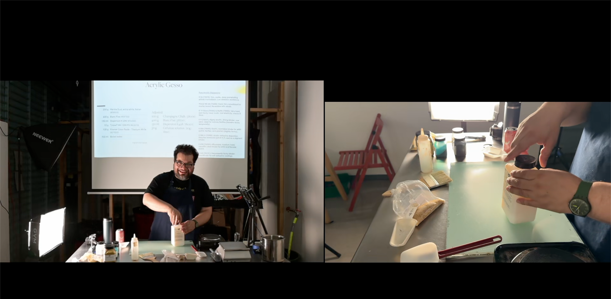 A split-screen presentation showing a man speaking at a screen on the left and hands working with a small bottle and white material on a table on the right, with text banners at the bottom.