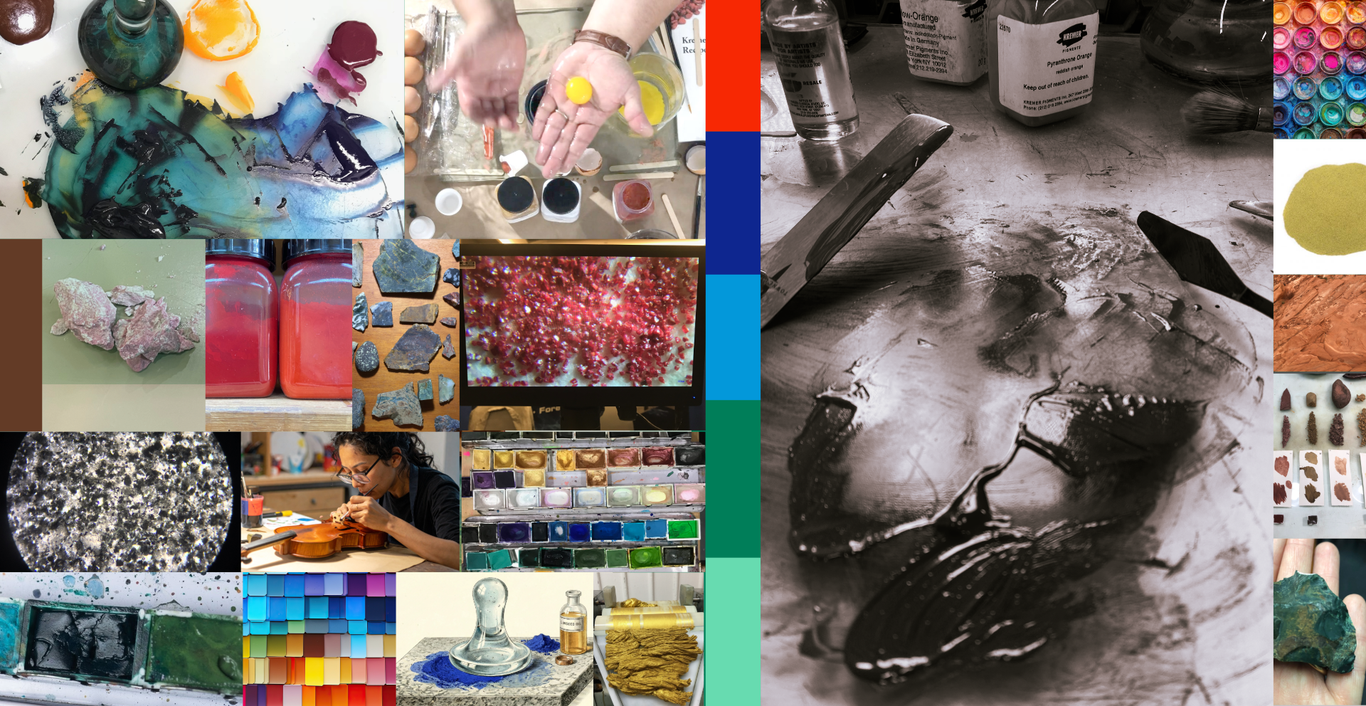 Collage of various pigments and art supplies with a focus on color and texture.